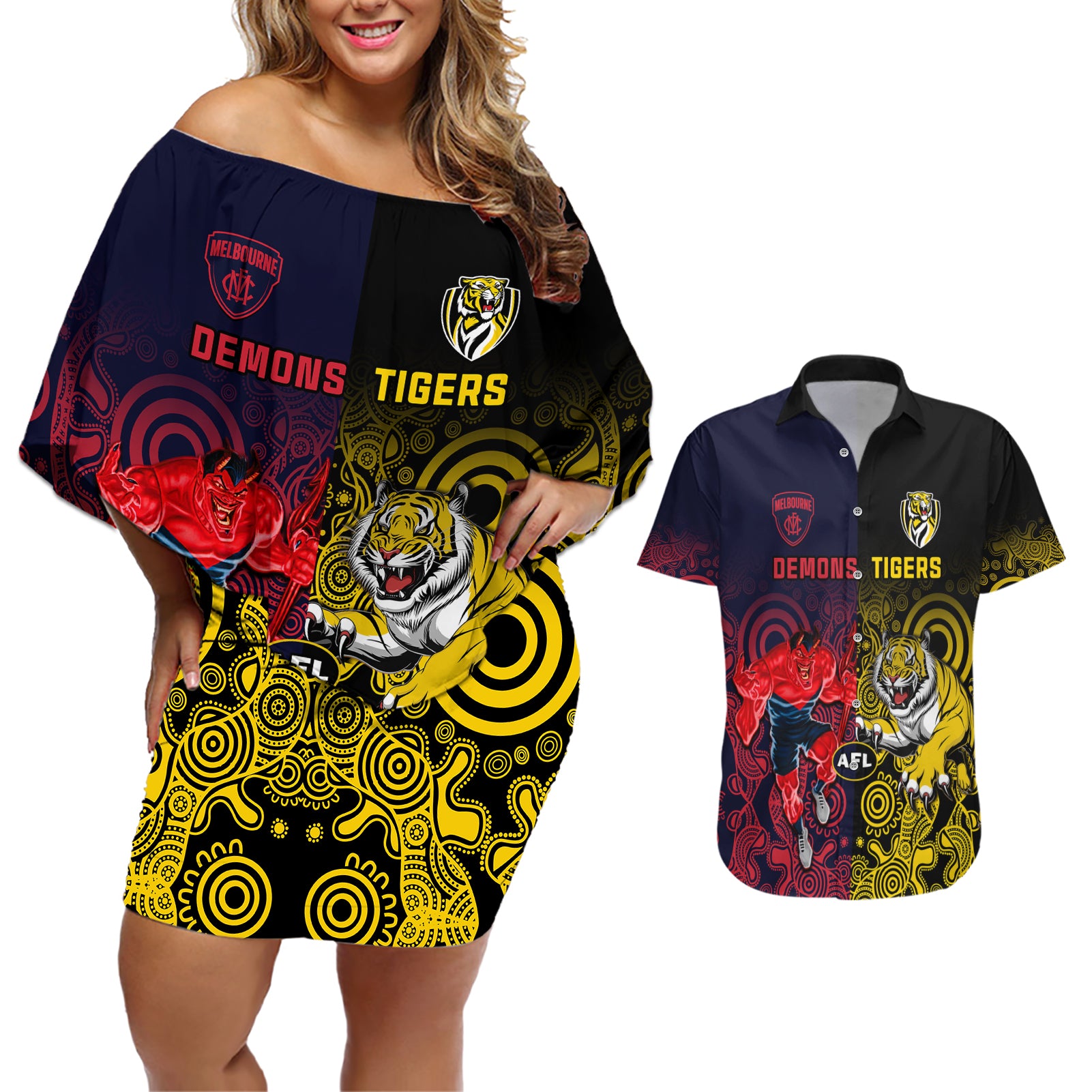 custom-demons-and-tigers-football-couples-matching-off-shoulder-short-dress-and-hawaiian-shirt-2023-together-indigenous-art