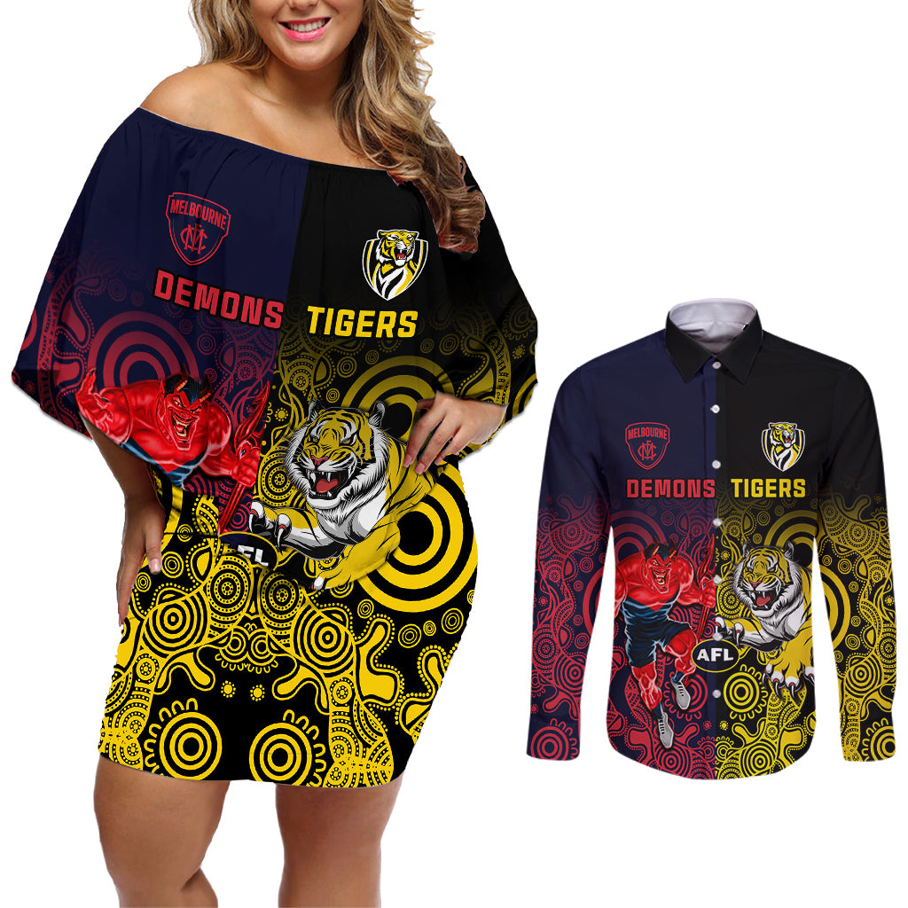 custom-demons-and-tigers-football-couples-matching-off-shoulder-short-dress-and-long-sleeve-button-shirts-2023-together-indigenous-art