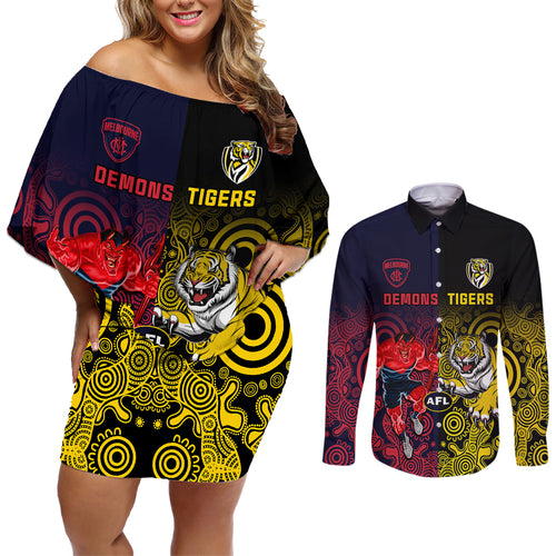 custom-demons-and-tigers-football-couples-matching-off-shoulder-short-dress-and-long-sleeve-button-shirts-2023-together-indigenous-art