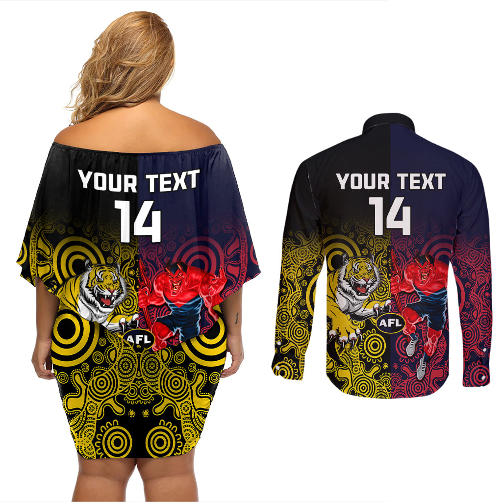 custom-demons-and-tigers-football-couples-matching-off-shoulder-short-dress-and-long-sleeve-button-shirts-2023-together-indigenous-art