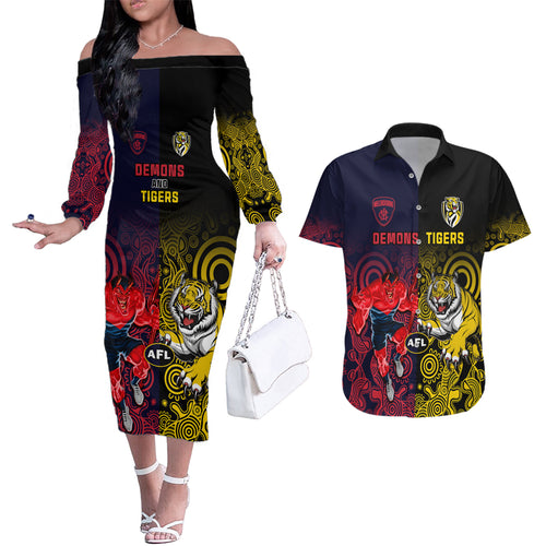custom-demons-and-tigers-football-couples-matching-off-the-shoulder-long-sleeve-dress-and-hawaiian-shirt-2023-together-indigenous-art