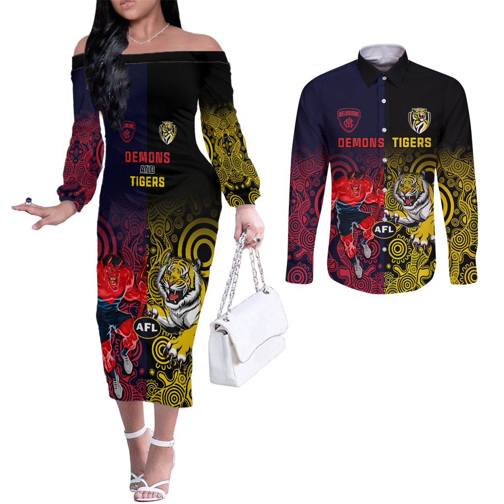 custom-demons-and-tigers-football-couples-matching-off-the-shoulder-long-sleeve-dress-and-long-sleeve-button-shirts-2023-together-indigenous-art