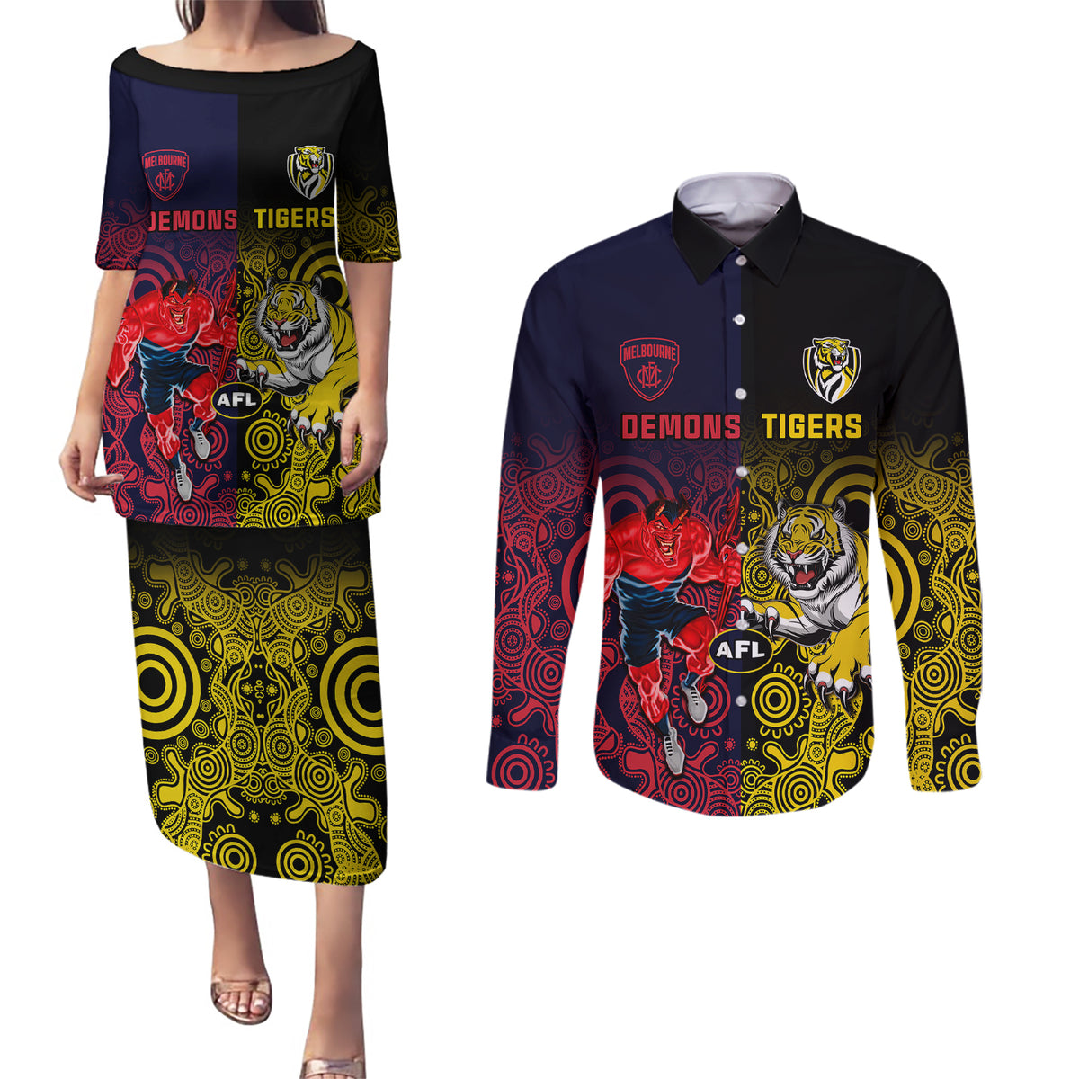 custom-demons-and-tigers-football-couples-matching-puletasi-dress-and-long-sleeve-button-shirts-2023-together-indigenous-art