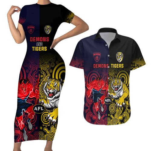 custom-demons-and-tigers-football-couples-matching-short-sleeve-bodycon-dress-and-hawaiian-shirt-2023-together-indigenous-art