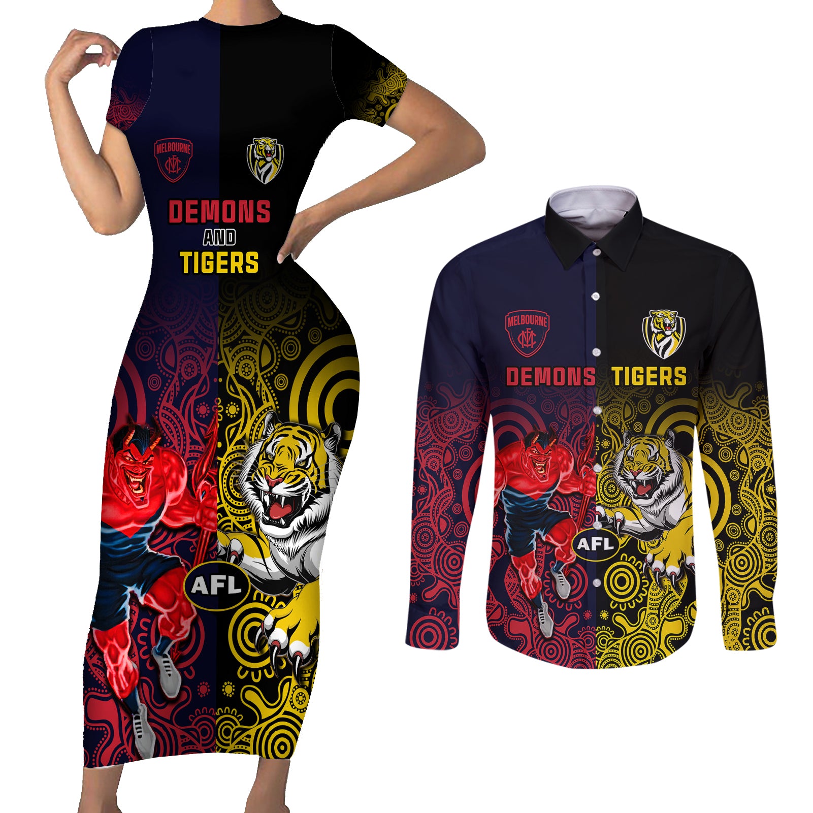 custom-demons-and-tigers-football-couples-matching-short-sleeve-bodycon-dress-and-long-sleeve-button-shirts-2023-together-indigenous-art