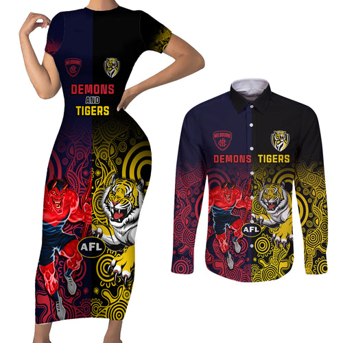custom-demons-and-tigers-football-couples-matching-short-sleeve-bodycon-dress-and-long-sleeve-button-shirts-2023-together-indigenous-art
