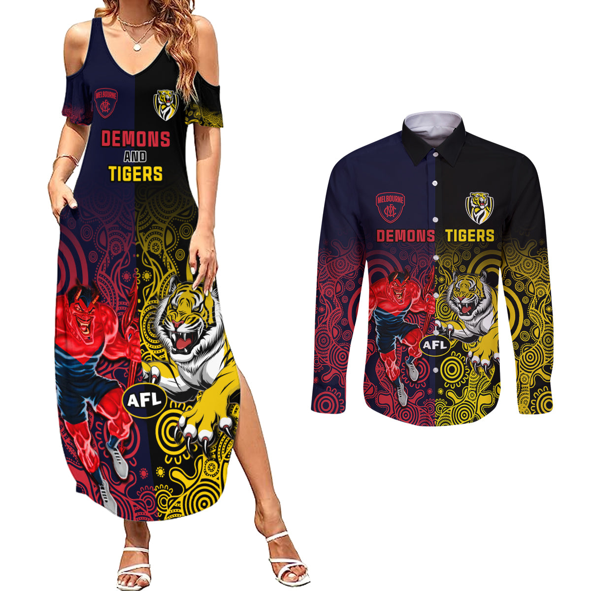 custom-demons-and-tigers-football-couples-matching-summer-maxi-dress-and-long-sleeve-button-shirts-2023-together-indigenous-art