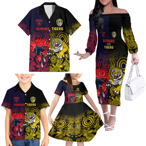 custom-demons-and-tigers-football-family-matching-off-shoulder-long-sleeve-dress-and-hawaiian-shirt-2023-together-indigenous-art