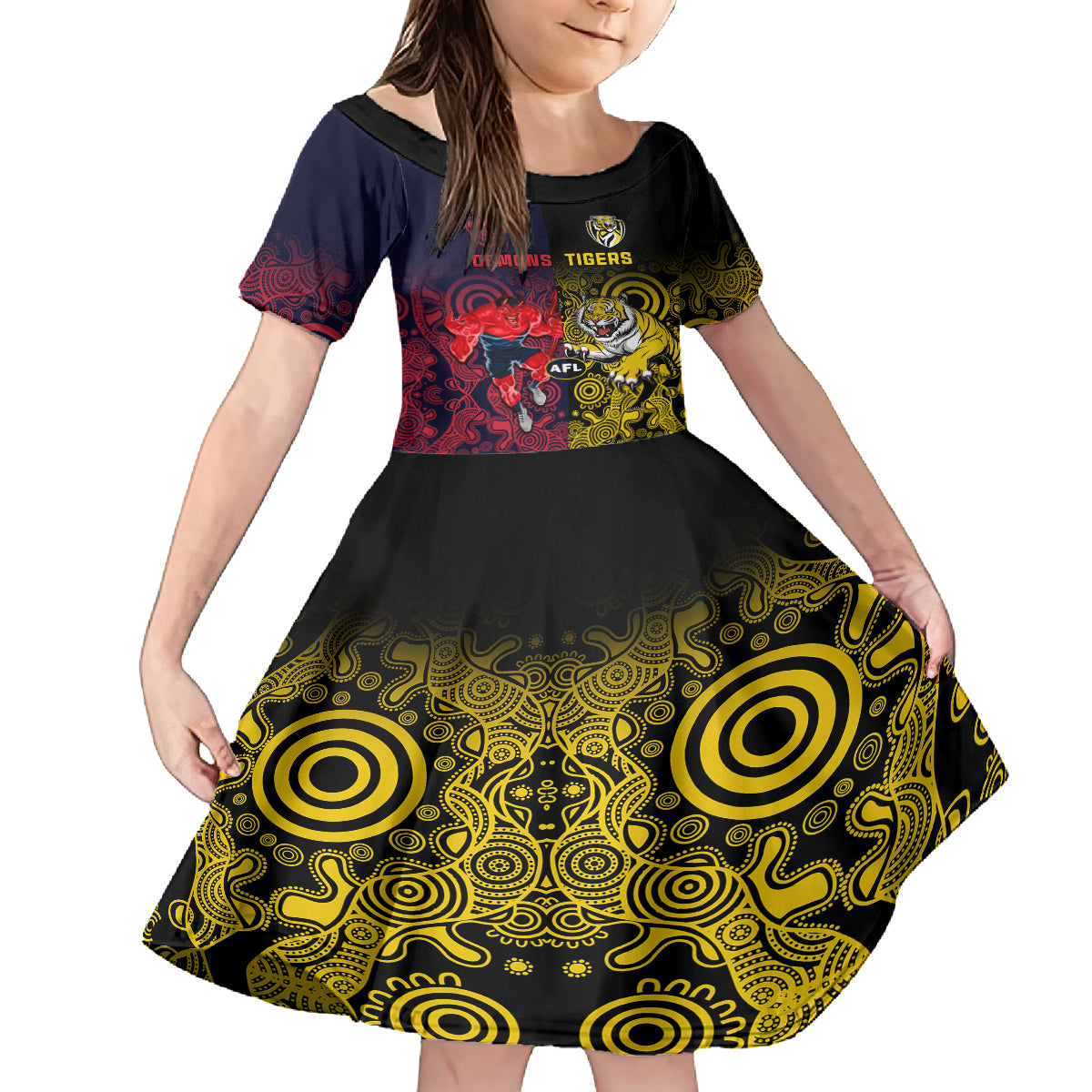 custom-demons-and-tigers-football-kid-short-sleeve-dress-2023-together-indigenous-art