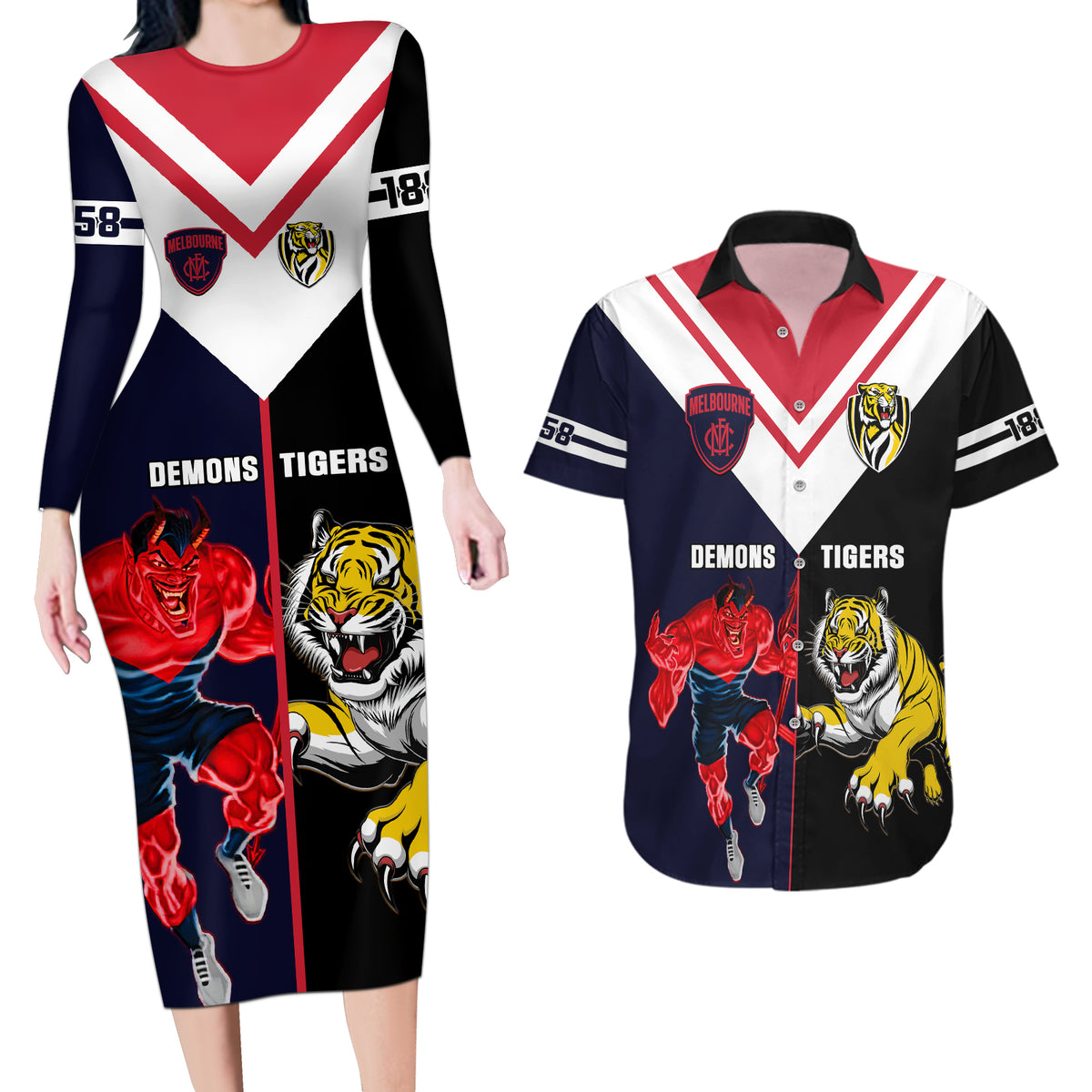 custom-demons-and-tigers-football-couples-matching-long-sleeve-bodycon-dress-and-hawaiian-shirt-2023-together-sporty-version