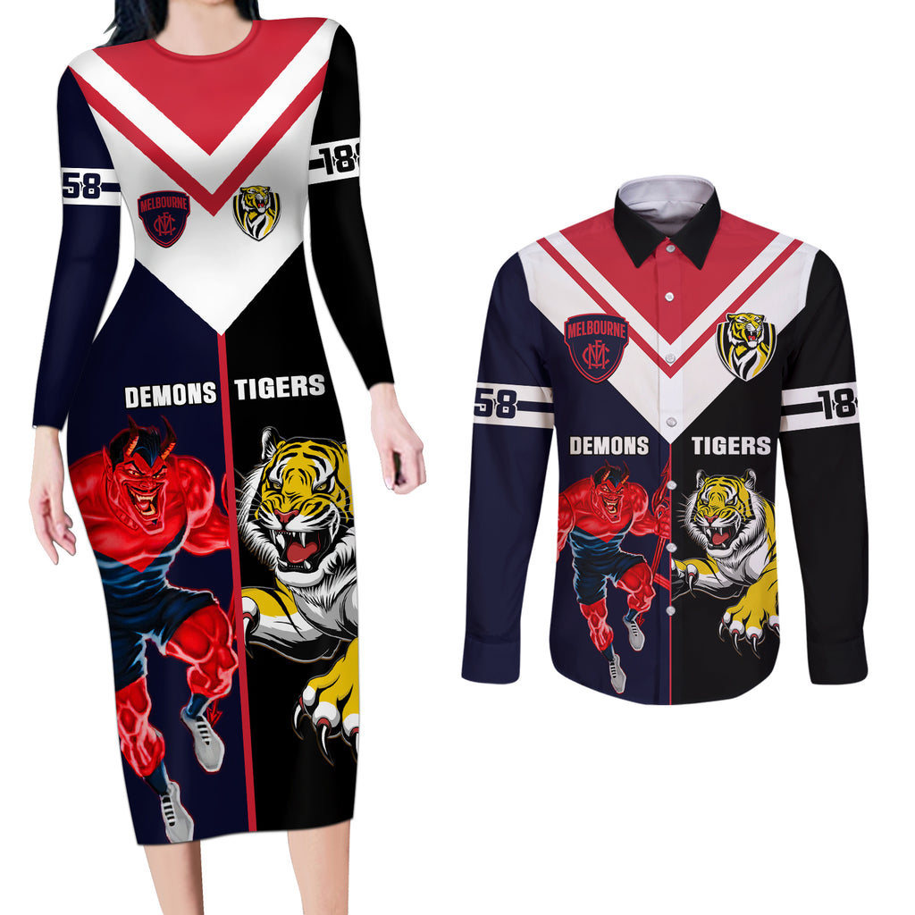 custom-demons-and-tigers-football-couples-matching-long-sleeve-bodycon-dress-and-long-sleeve-button-shirts-2023-together-sporty-version