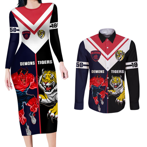 custom-demons-and-tigers-football-couples-matching-long-sleeve-bodycon-dress-and-long-sleeve-button-shirts-2023-together-sporty-version