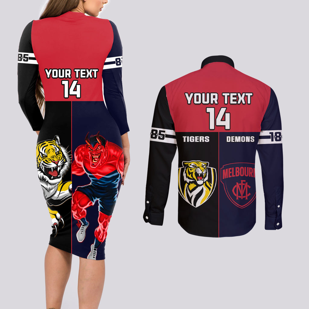 custom-demons-and-tigers-football-couples-matching-long-sleeve-bodycon-dress-and-long-sleeve-button-shirts-2023-together-sporty-version