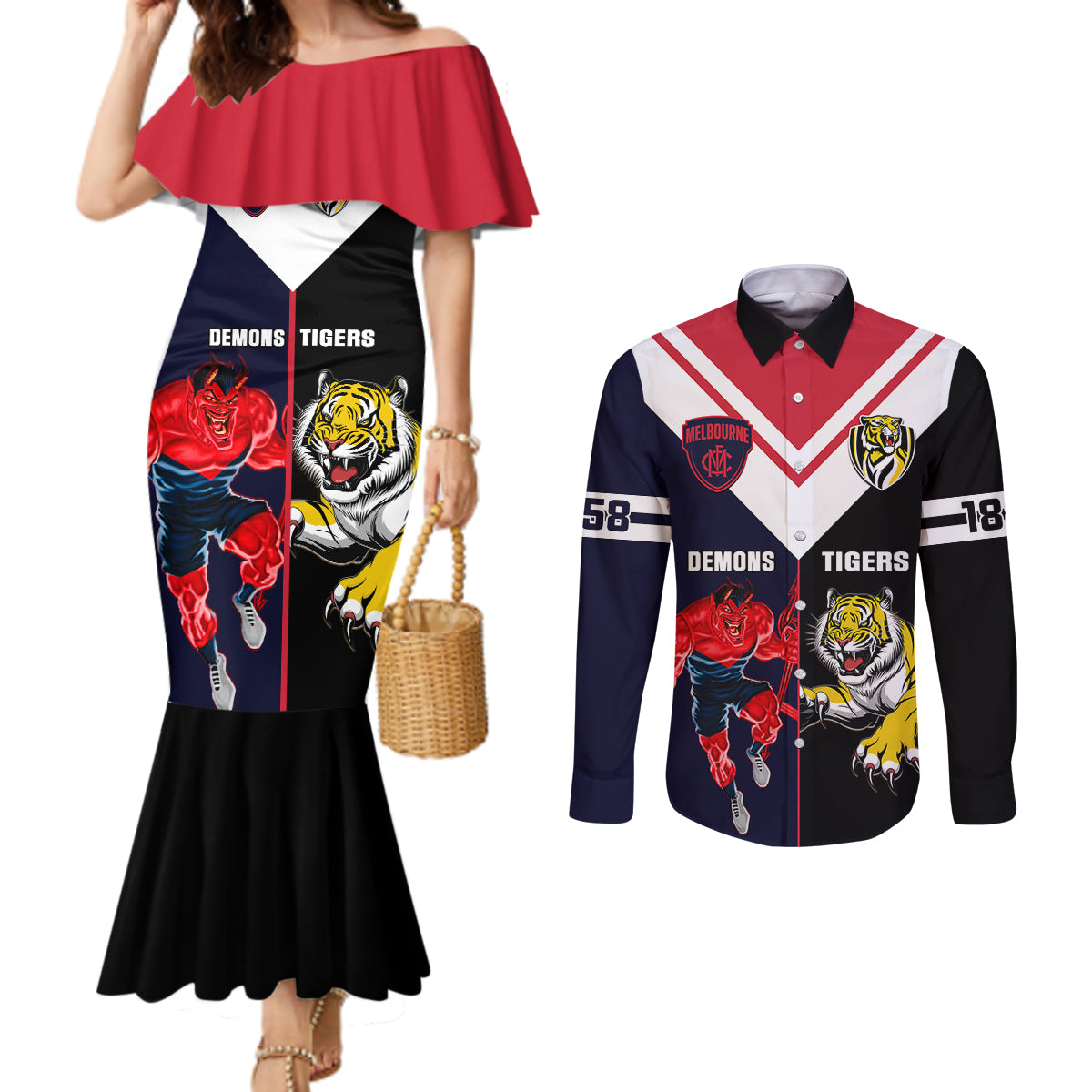 custom-demons-and-tigers-football-couples-matching-mermaid-dress-and-long-sleeve-button-shirts-2023-together-sporty-version