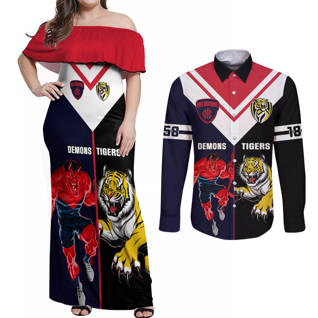 custom-demons-and-tigers-football-couples-matching-off-shoulder-maxi-dress-and-long-sleeve-button-shirts-2023-together-sporty-version