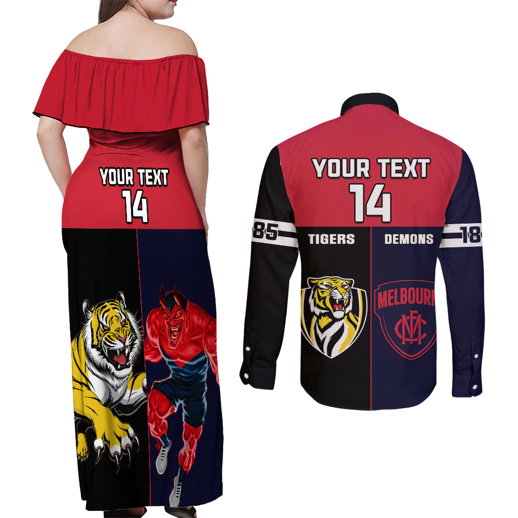 custom-demons-and-tigers-football-couples-matching-off-shoulder-maxi-dress-and-long-sleeve-button-shirts-2023-together-sporty-version