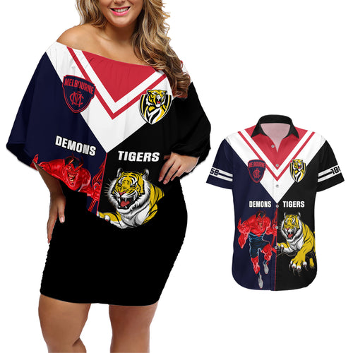 custom-demons-and-tigers-football-couples-matching-off-shoulder-short-dress-and-hawaiian-shirt-2023-together-sporty-version