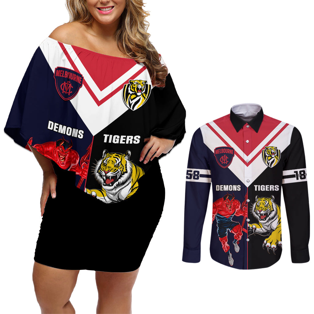 custom-demons-and-tigers-football-couples-matching-off-shoulder-short-dress-and-long-sleeve-button-shirts-2023-together-sporty-version