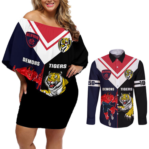 custom-demons-and-tigers-football-couples-matching-off-shoulder-short-dress-and-long-sleeve-button-shirts-2023-together-sporty-version