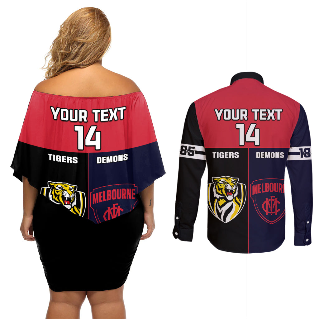 custom-demons-and-tigers-football-couples-matching-off-shoulder-short-dress-and-long-sleeve-button-shirts-2023-together-sporty-version