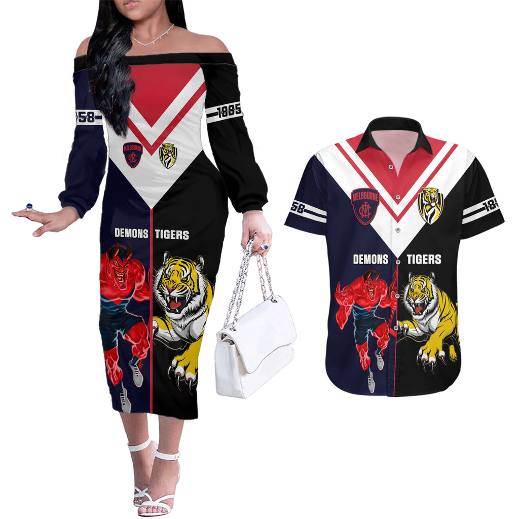 custom-demons-and-tigers-football-couples-matching-off-the-shoulder-long-sleeve-dress-and-hawaiian-shirt-2023-together-sporty-version