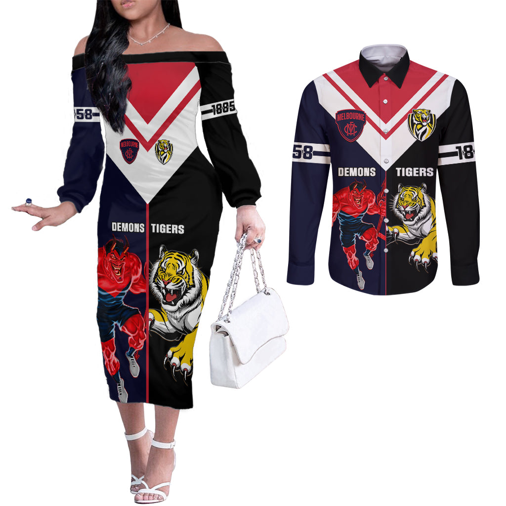 custom-demons-and-tigers-football-couples-matching-off-the-shoulder-long-sleeve-dress-and-long-sleeve-button-shirts-2023-together-sporty-version