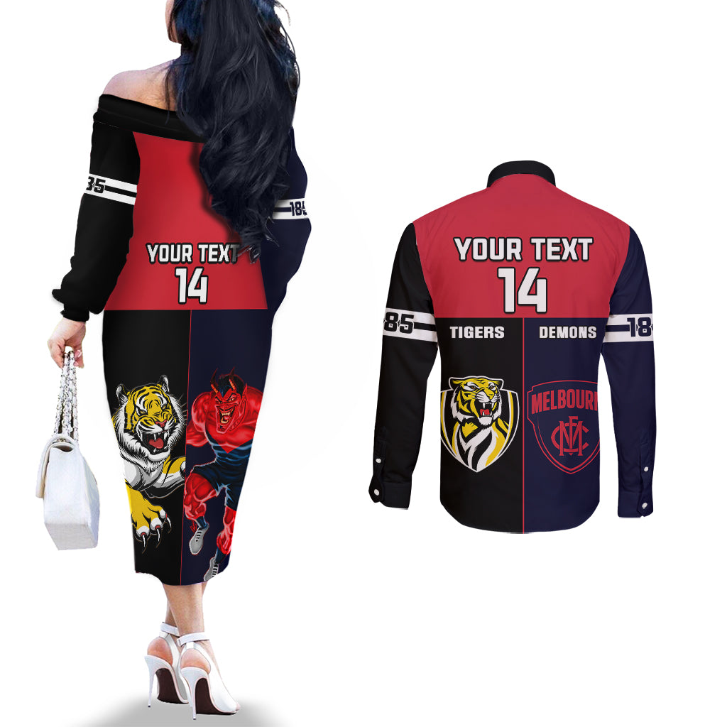 custom-demons-and-tigers-football-couples-matching-off-the-shoulder-long-sleeve-dress-and-long-sleeve-button-shirts-2023-together-sporty-version
