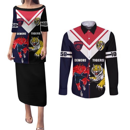 custom-demons-and-tigers-football-couples-matching-puletasi-dress-and-long-sleeve-button-shirts-2023-together-sporty-version