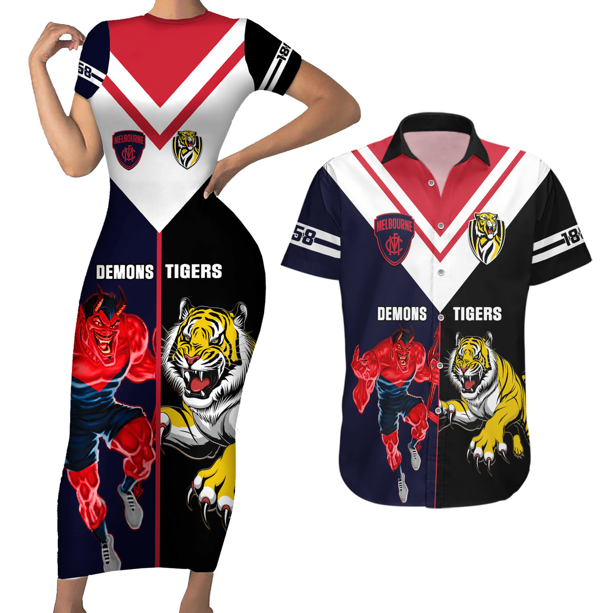 custom-demons-and-tigers-football-couples-matching-short-sleeve-bodycon-dress-and-hawaiian-shirt-2023-together-sporty-version