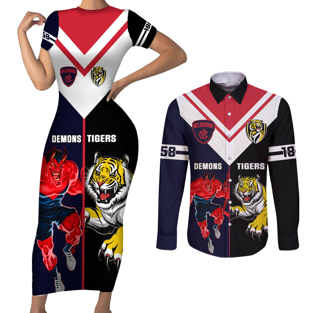custom-demons-and-tigers-football-couples-matching-short-sleeve-bodycon-dress-and-long-sleeve-button-shirts-2023-together-sporty-version