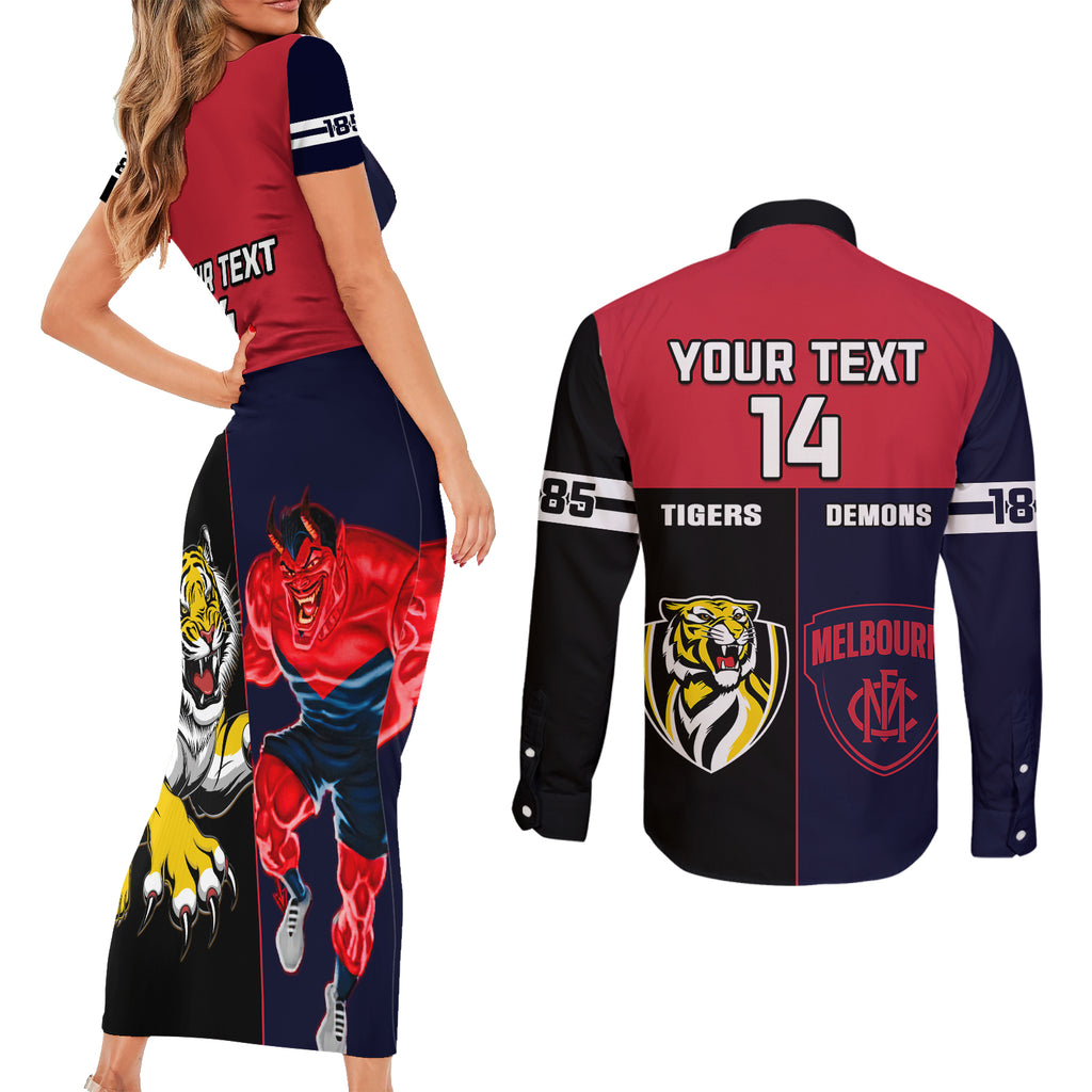 custom-demons-and-tigers-football-couples-matching-short-sleeve-bodycon-dress-and-long-sleeve-button-shirts-2023-together-sporty-version