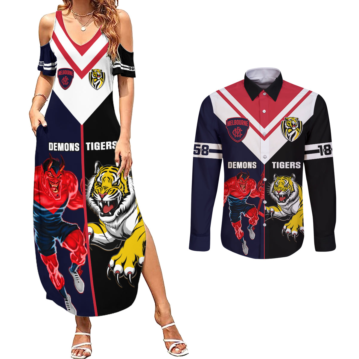 custom-demons-and-tigers-football-couples-matching-summer-maxi-dress-and-long-sleeve-button-shirts-2023-together-sporty-version