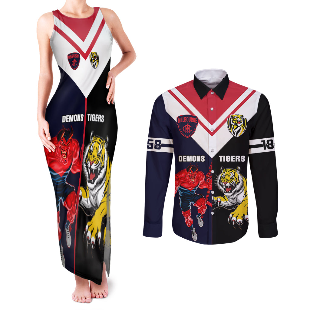 custom-demons-and-tigers-football-couples-matching-tank-maxi-dress-and-long-sleeve-button-shirts-2023-together-sporty-version