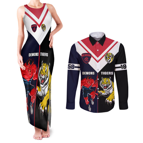 custom-demons-and-tigers-football-couples-matching-tank-maxi-dress-and-long-sleeve-button-shirts-2023-together-sporty-version