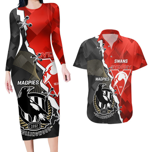 personalised-collingwood-and-swans-football-couples-matching-long-sleeve-bodycon-dress-and-hawaiian-shirt-2023-together-sporty-style