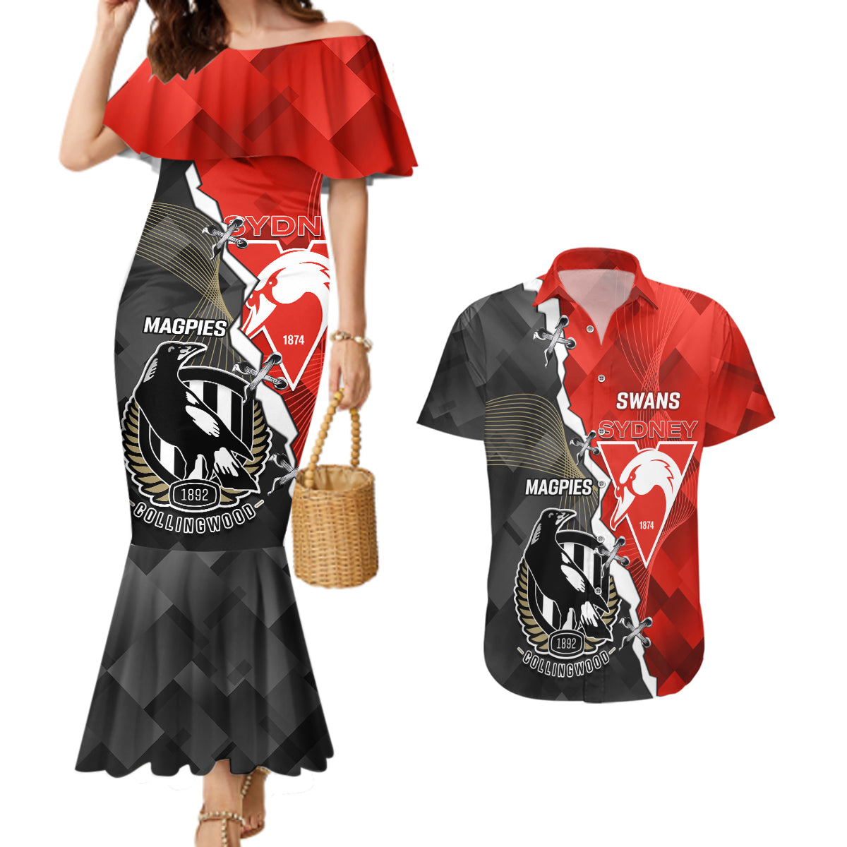 personalised-collingwood-and-swans-football-couples-matching-mermaid-dress-and-hawaiian-shirt-2023-together-sporty-style