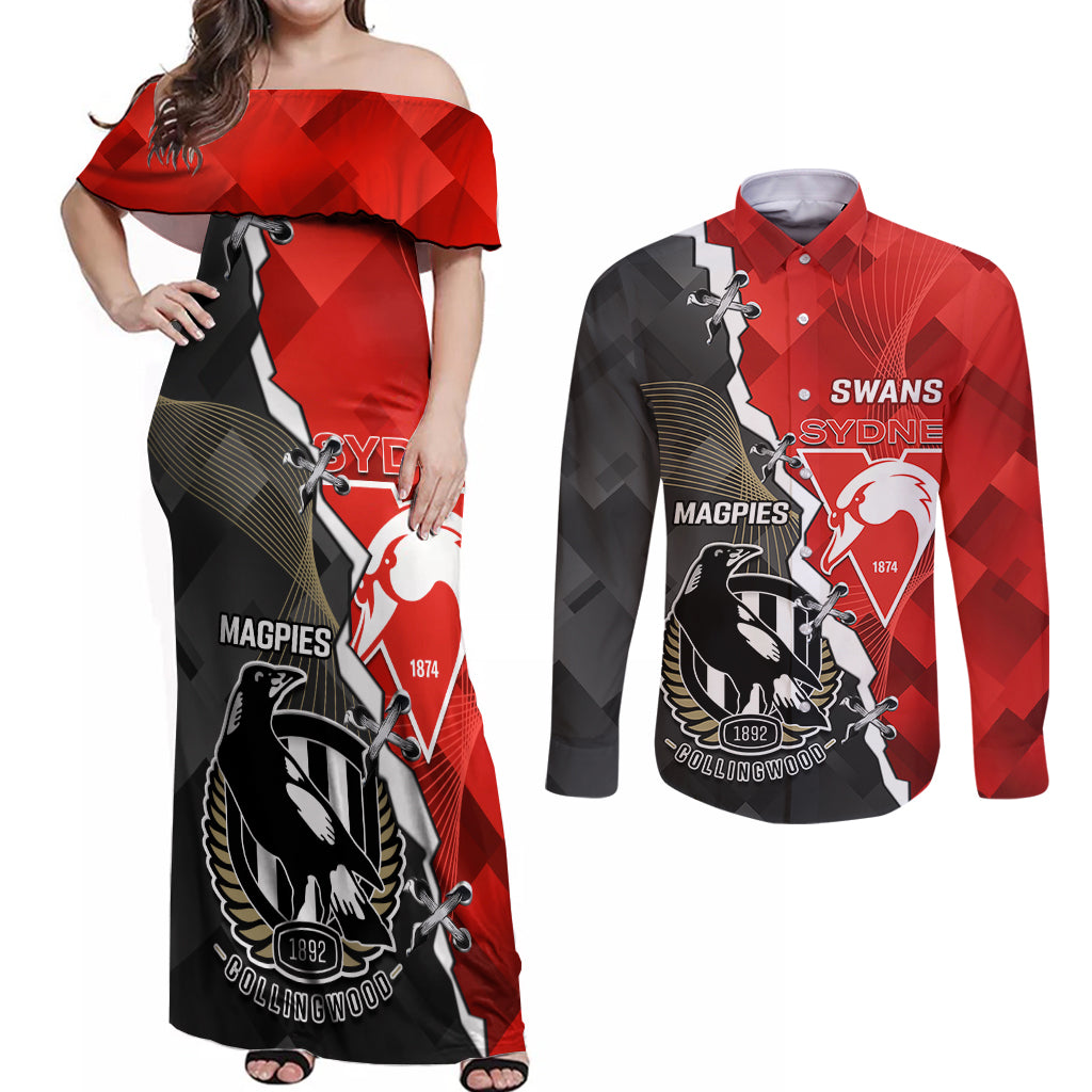 personalised-collingwood-and-swans-football-couples-matching-off-shoulder-maxi-dress-and-long-sleeve-button-shirts-2023-together-sporty-style