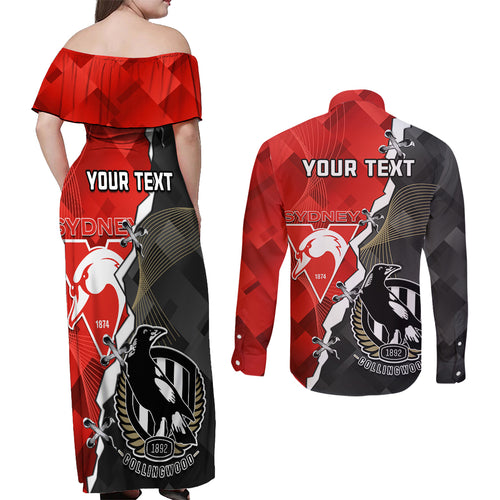 personalised-collingwood-and-swans-football-couples-matching-off-shoulder-maxi-dress-and-long-sleeve-button-shirts-2023-together-sporty-style