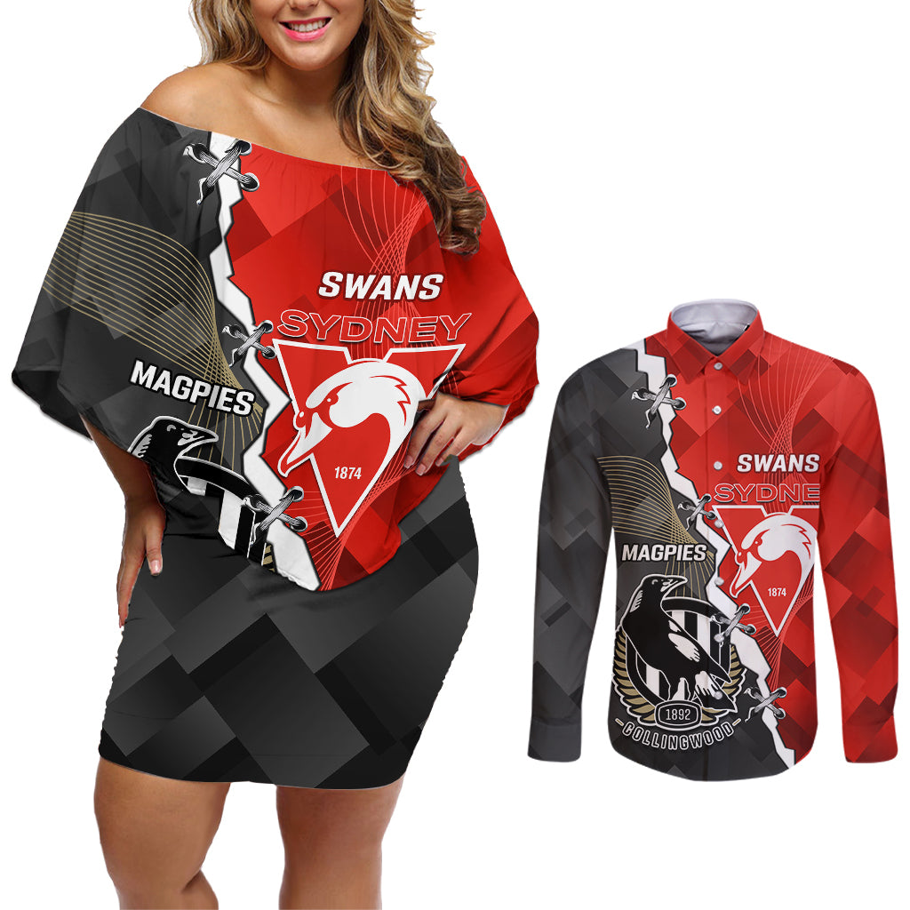 personalised-collingwood-and-swans-football-couples-matching-off-shoulder-short-dress-and-long-sleeve-button-shirts-2023-together-sporty-style