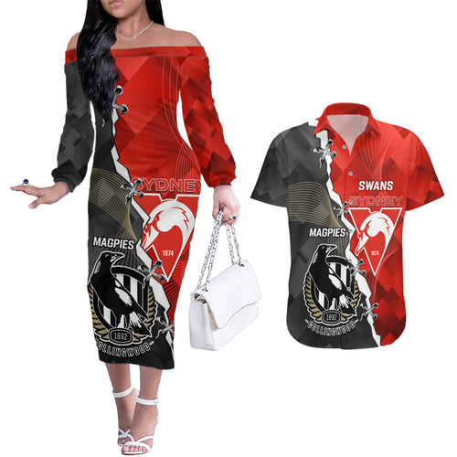 personalised-collingwood-and-swans-football-couples-matching-off-the-shoulder-long-sleeve-dress-and-hawaiian-shirt-2023-together-sporty-style