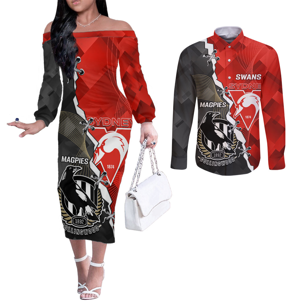 personalised-collingwood-and-swans-football-couples-matching-off-the-shoulder-long-sleeve-dress-and-long-sleeve-button-shirts-2023-together-sporty-style
