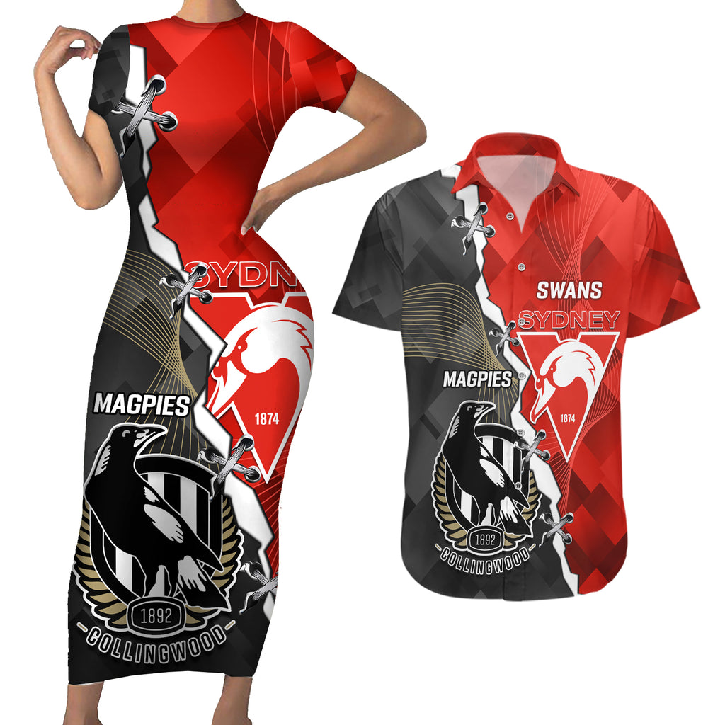 personalised-collingwood-and-swans-football-couples-matching-short-sleeve-bodycon-dress-and-hawaiian-shirt-2023-together-sporty-style