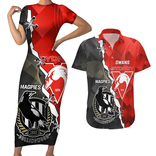 personalised-collingwood-and-swans-football-couples-matching-short-sleeve-bodycon-dress-and-hawaiian-shirt-2023-together-sporty-style