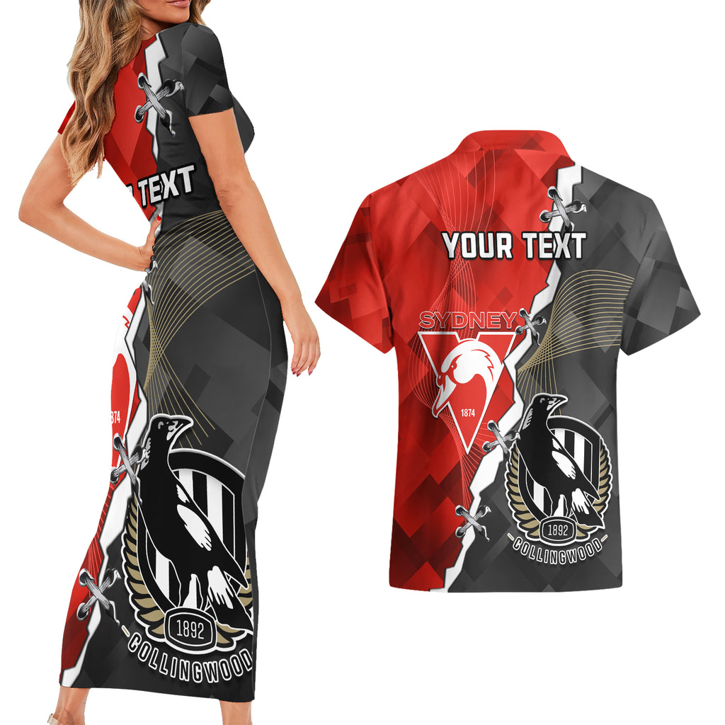 personalised-collingwood-and-swans-football-couples-matching-short-sleeve-bodycon-dress-and-hawaiian-shirt-2023-together-sporty-style