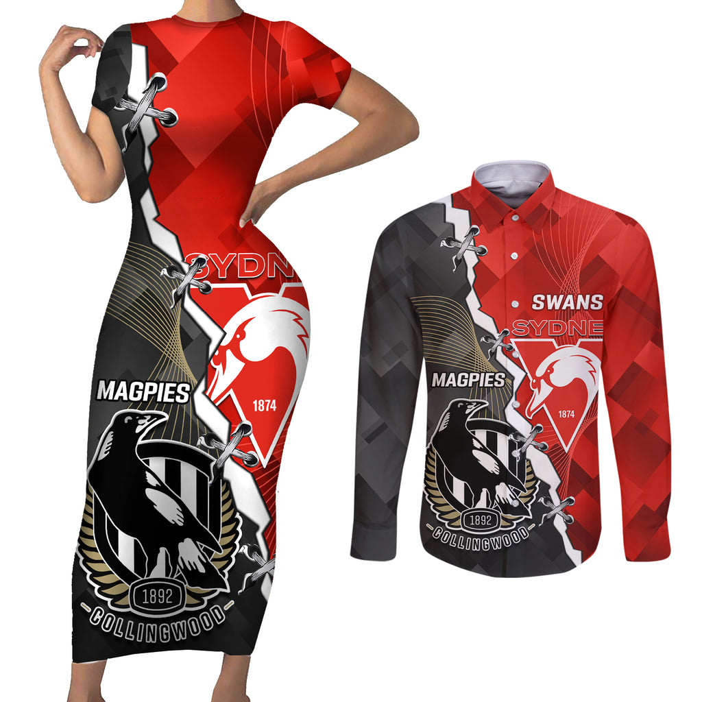 personalised-collingwood-and-swans-football-couples-matching-short-sleeve-bodycon-dress-and-long-sleeve-button-shirts-2023-together-sporty-style