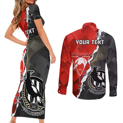 personalised-collingwood-and-swans-football-couples-matching-short-sleeve-bodycon-dress-and-long-sleeve-button-shirts-2023-together-sporty-style