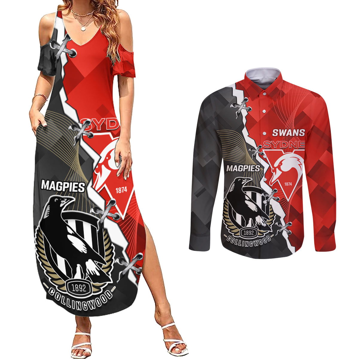 personalised-collingwood-and-swans-football-couples-matching-summer-maxi-dress-and-long-sleeve-button-shirts-2023-together-sporty-style
