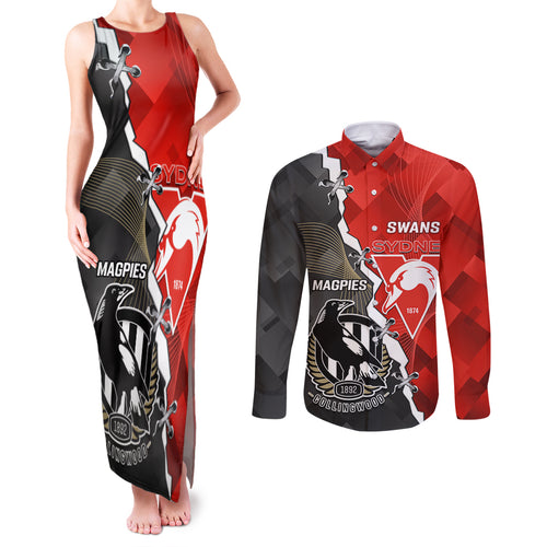 personalised-collingwood-and-swans-football-couples-matching-tank-maxi-dress-and-long-sleeve-button-shirts-2023-together-sporty-style