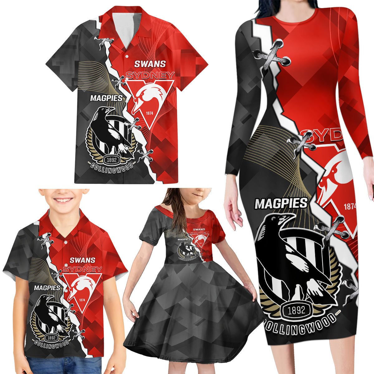 personalised-collingwood-and-swans-football-family-matching-long-sleeve-bodycon-dress-and-hawaiian-shirt-2023-together-sporty-style