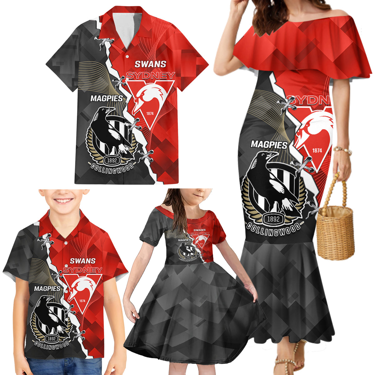 personalised-collingwood-and-swans-football-family-matching-mermaid-dress-and-hawaiian-shirt-2023-together-sporty-style